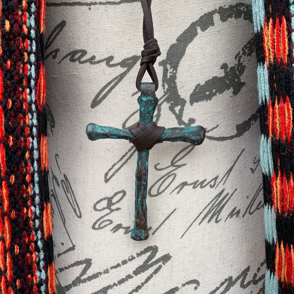 Patina Metal Cross Leather Strap Necklace